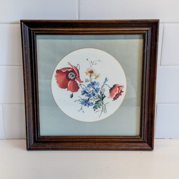 Vintage Wooden Framed Botanical Red Poppy & Wildflower Print w/ Matte, 9.5" - Picture 6 of 6